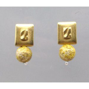 Chic Elegance Gold Tone Earrings, Vintage Gold Tone with Art Glass Bead Drop